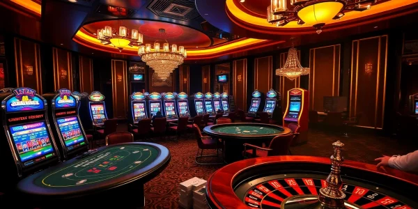 Engaging scene at https://f122.com.br/ showcasing high-stakes gambling with poker tables and vibrant slot machines.