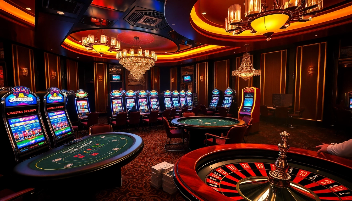 Engaging scene at https://f122.com.br/ showcasing high-stakes gambling with poker tables and vibrant slot machines.