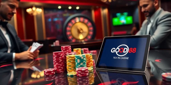Players strategizing at a poker table, showcasing the excitement of GOOD88 gaming.
