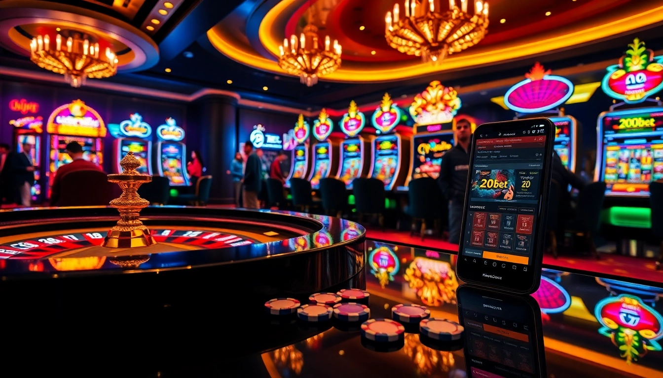 Exciting casino atmosphere with 20bet brand elements, featuring roulette, slots, and players engaged in gambling.
