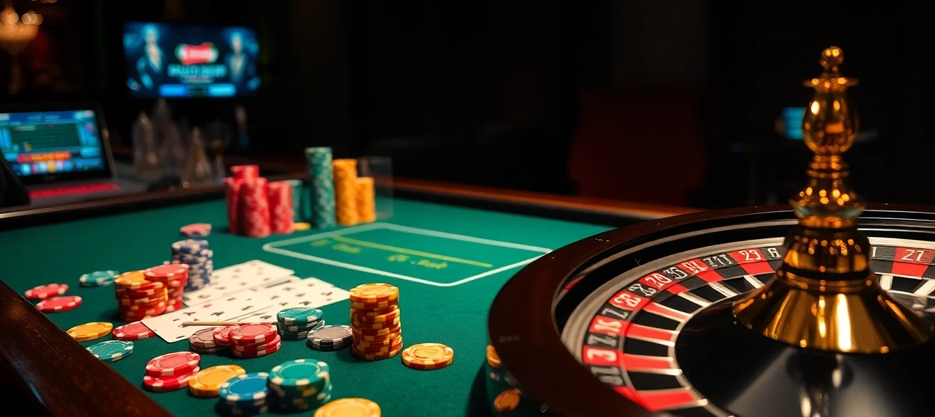 Experience the thrill of gambling at https://king88us.com/ with vibrant poker chips and playing cards in a luxurious casino setting.