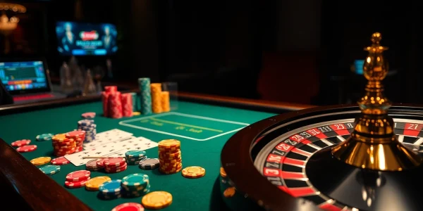 Experience the thrill of gambling at https://king88us.com/ with vibrant poker chips and playing cards in a luxurious casino setting.