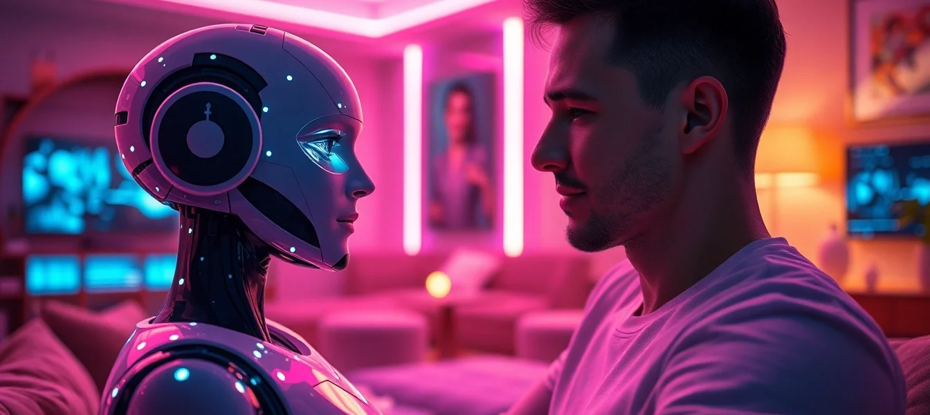Intimate interaction with an ai sex bot in a cozy, futuristic setting.