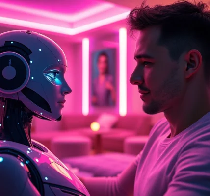Intimate interaction with an ai sex bot in a cozy, futuristic setting.
