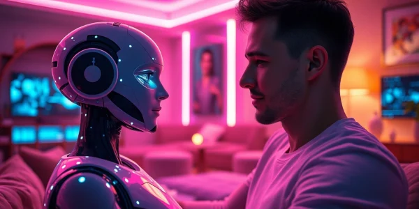 Intimate interaction with an ai sex bot in a cozy, futuristic setting.