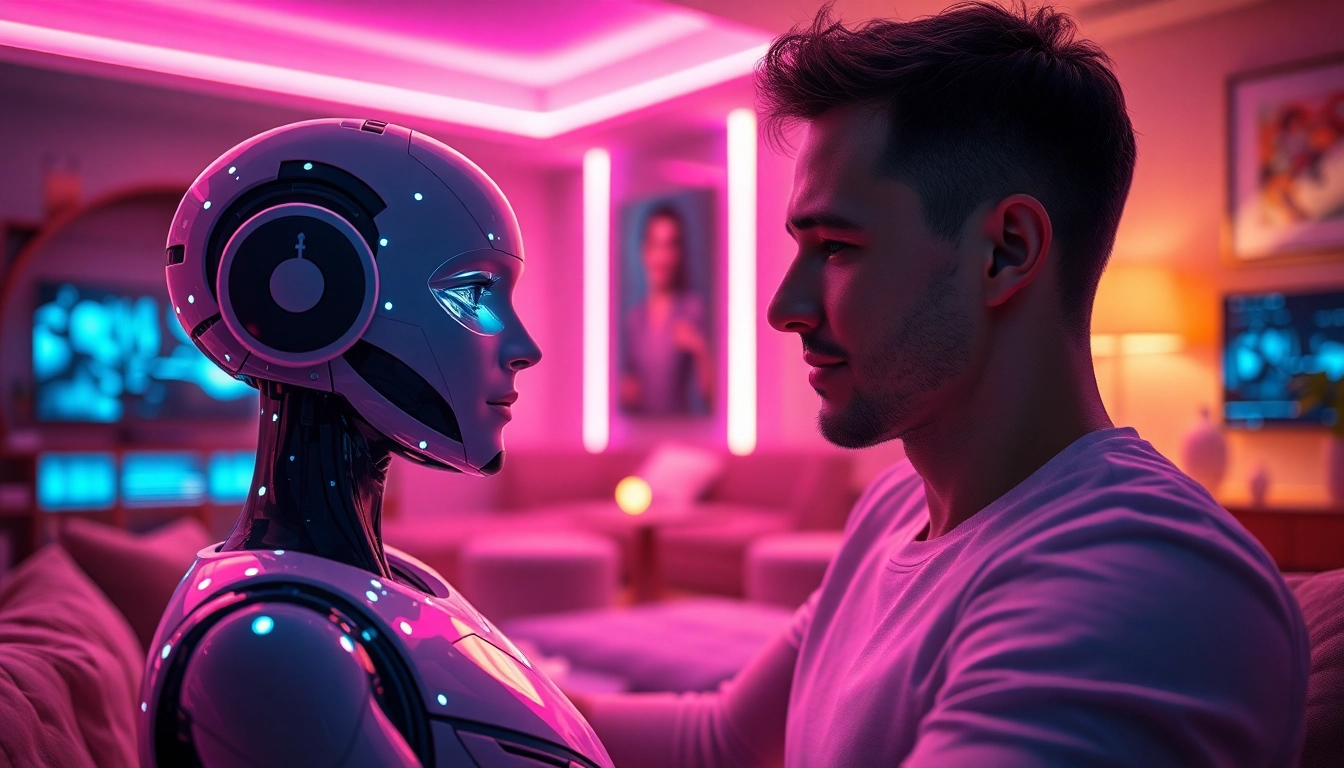 Intimate interaction with an ai sex bot in a cozy, futuristic setting.