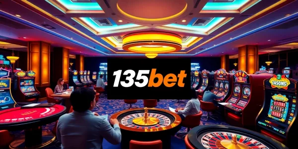 Exciting gambling scene at 136bet with vibrant slot machines and engaged players.