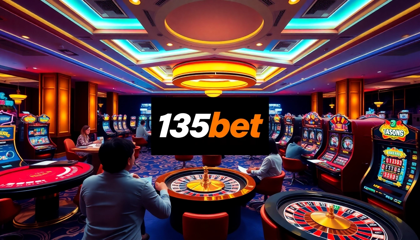 Exciting gambling scene at 136bet with vibrant slot machines and engaged players.