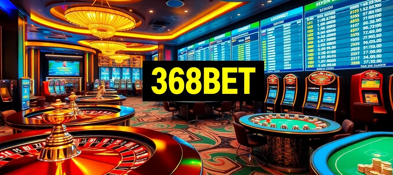 Exciting gaming action with 368BET's online casino featuring vibrant roulette wheels and poker tables.