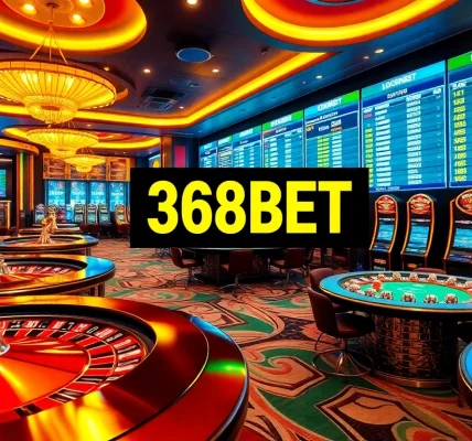 Exciting gaming action with 368BET's online casino featuring vibrant roulette wheels and poker tables.
