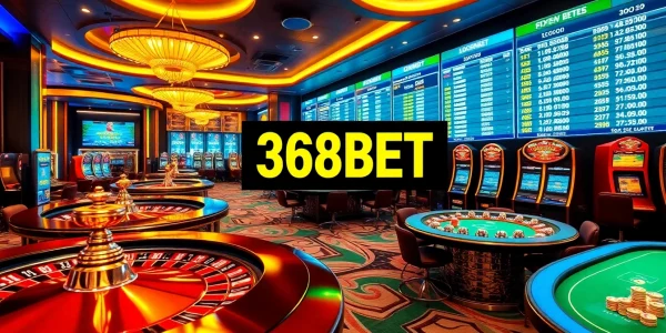 Exciting gaming action with 368BET's online casino featuring vibrant roulette wheels and poker tables.
