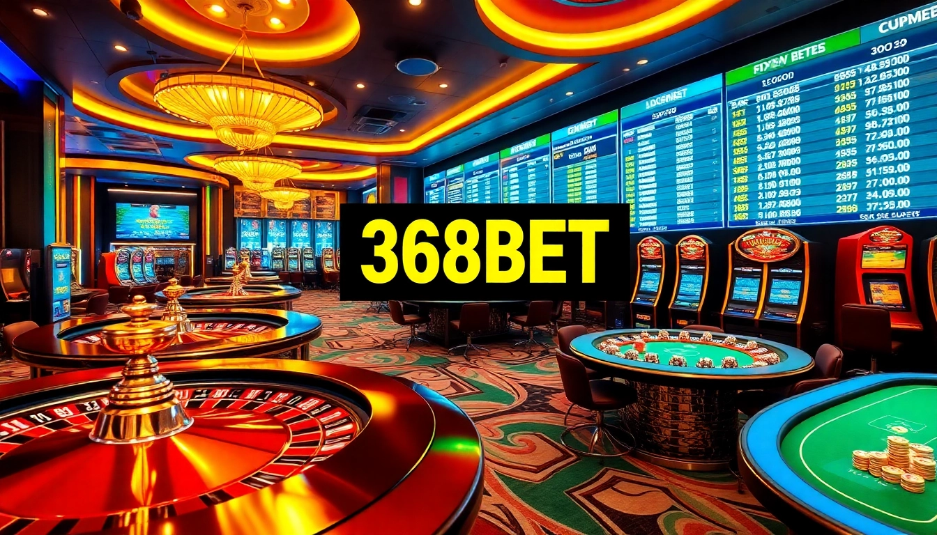 Exciting gaming action with 368BET's online casino featuring vibrant roulette wheels and poker tables.