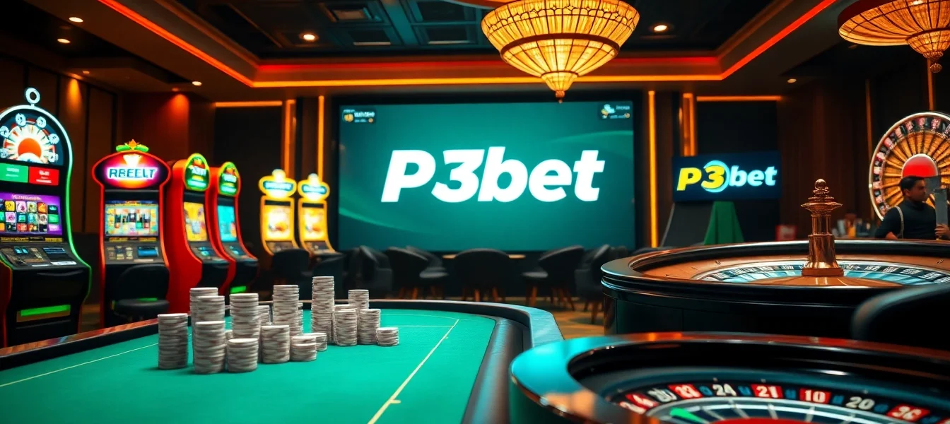 P3bet gaming scene with poker table, roulette wheel, and vibrant slot machines.