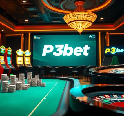 P3bet gaming scene with poker table, roulette wheel, and vibrant slot machines.