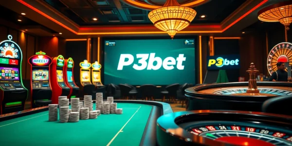 P3bet gaming scene with poker table, roulette wheel, and vibrant slot machines.