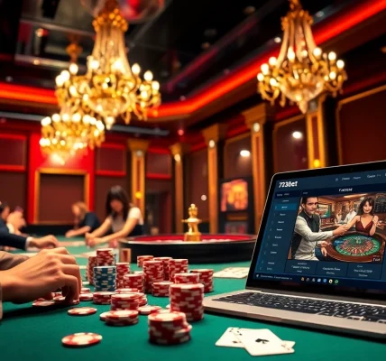 High-stakes gaming scene at 733bet featuring poker chips and a roulette wheel, showcasing excitement.