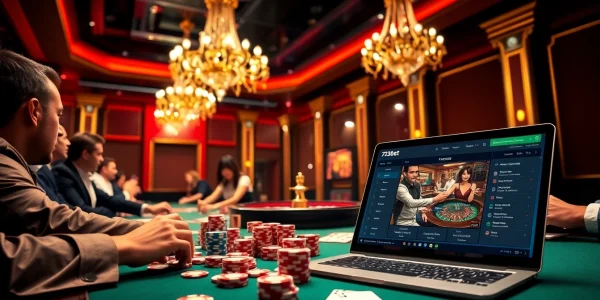 High-stakes gaming scene at 733bet featuring poker chips and a roulette wheel, showcasing excitement.