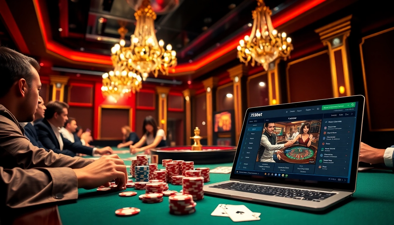High-stakes gaming scene at 733bet featuring poker chips and a roulette wheel, showcasing excitement.