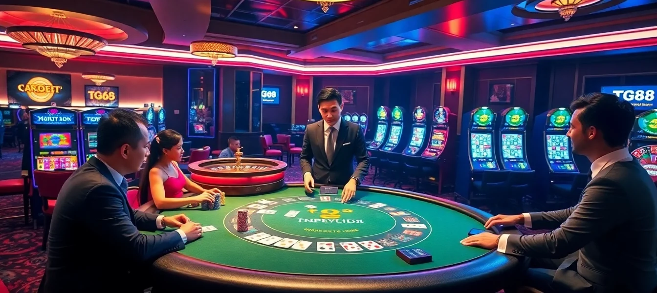 Engaged players at TG88 poker table enjoying a professional casino atmosphere.