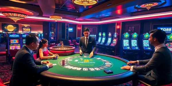 Engaged players at TG88 poker table enjoying a professional casino atmosphere.