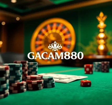 Experience the thrill of GACAM888 with vibrant casino imagery featuring poker chips and a roulette wheel.