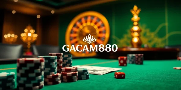 Experience the thrill of GACAM888 with vibrant casino imagery featuring poker chips and a roulette wheel.
