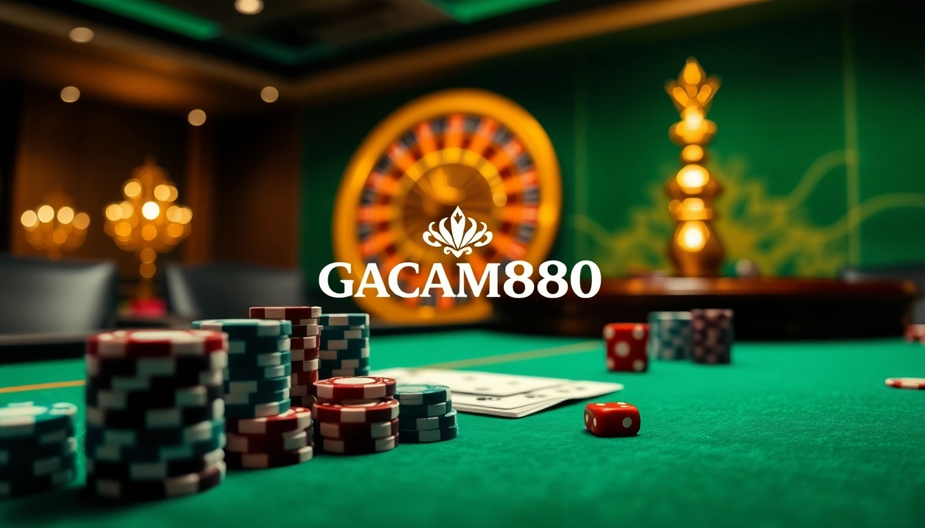 Experience the thrill of GACAM888 with vibrant casino imagery featuring poker chips and a roulette wheel.