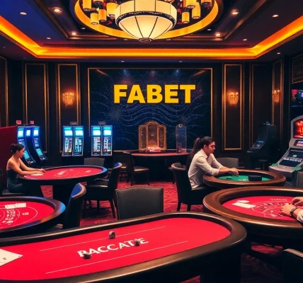 FABET casino scene showcasing thrilling Baccarat and Blackjack gameplay with vibrant lights.