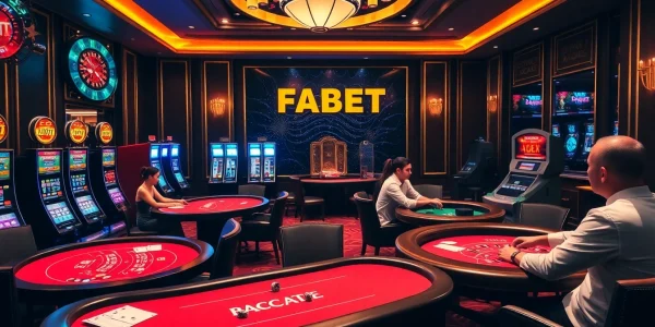 FABET casino scene showcasing thrilling Baccarat and Blackjack gameplay with vibrant lights.