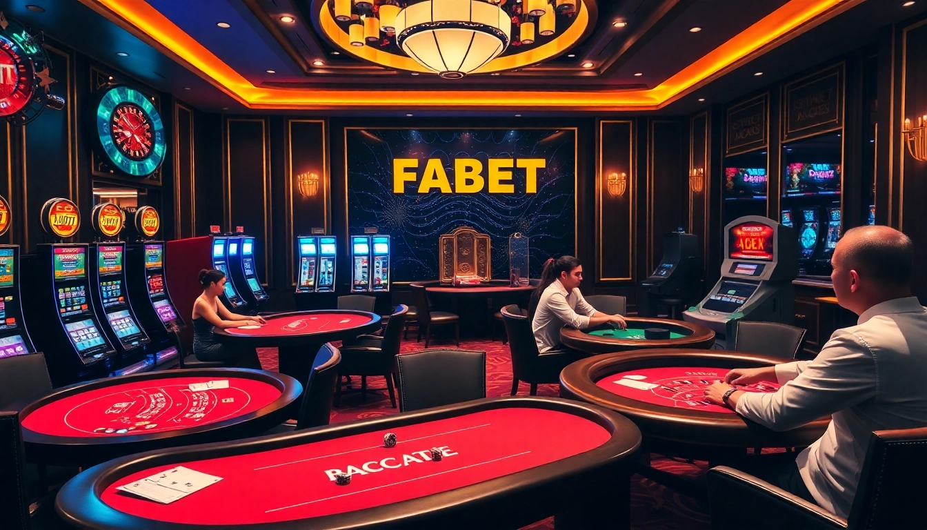FABET casino scene showcasing thrilling Baccarat and Blackjack gameplay with vibrant lights.