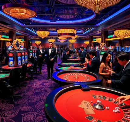 HM88 casino patrons engage in high-stakes excitement with roulette and poker tables.