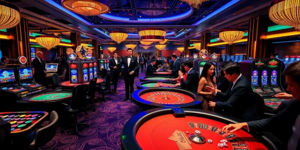 HM88 casino patrons engage in high-stakes excitement with roulette and poker tables.