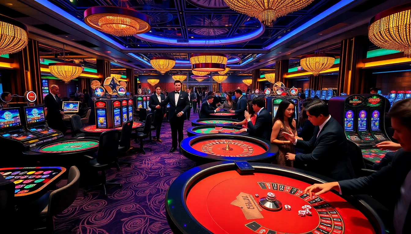 HM88 casino patrons engage in high-stakes excitement with roulette and poker tables.
