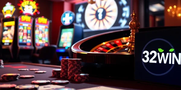 Experience the excitement of gambling at 32WIN with vibrant casino tables and bright slot machines.