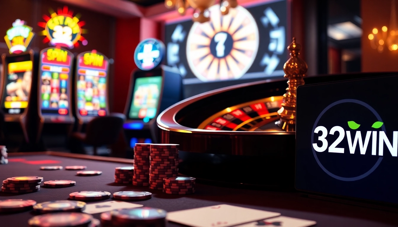 Experience the excitement of gambling at 32WIN with vibrant casino tables and bright slot machines.