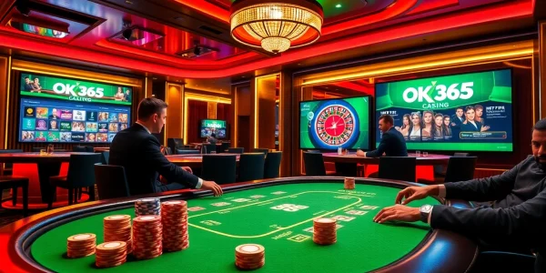 Players enjoying a high-stakes poker game on the OK365 online casino platform.