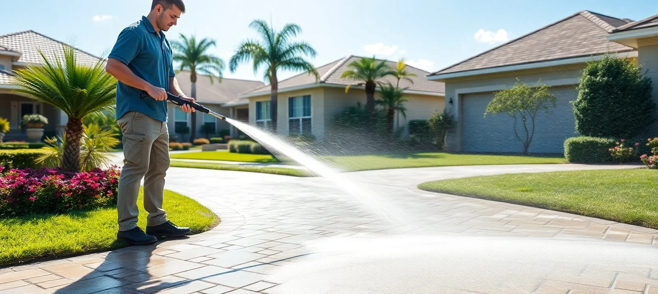 Driveway pressure wash in progress, showcasing professional cleaning of concrete surfaces in Kissimmee.