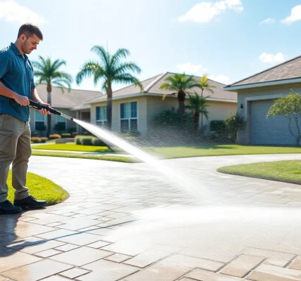Driveway pressure wash in progress, showcasing professional cleaning of concrete surfaces in Kissimmee.