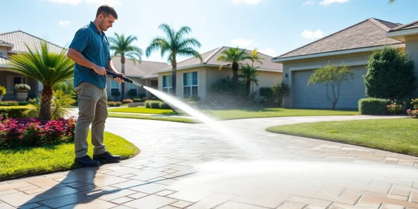 Driveway pressure wash in progress, showcasing professional cleaning of concrete surfaces in Kissimmee.