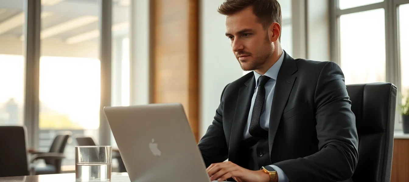 Headhunter Gastronomie bei der Arbeit in einem stilvollen Büro, fokussiert und professionell.