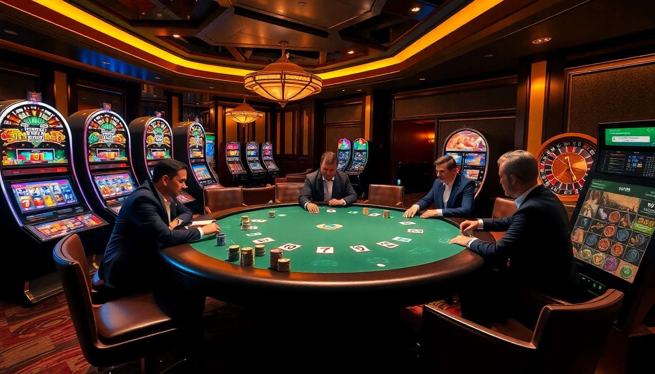 Experience thrilling gameplay at https://www.vaoluoitv.com/, featuring a vibrant poker table and slot machines.