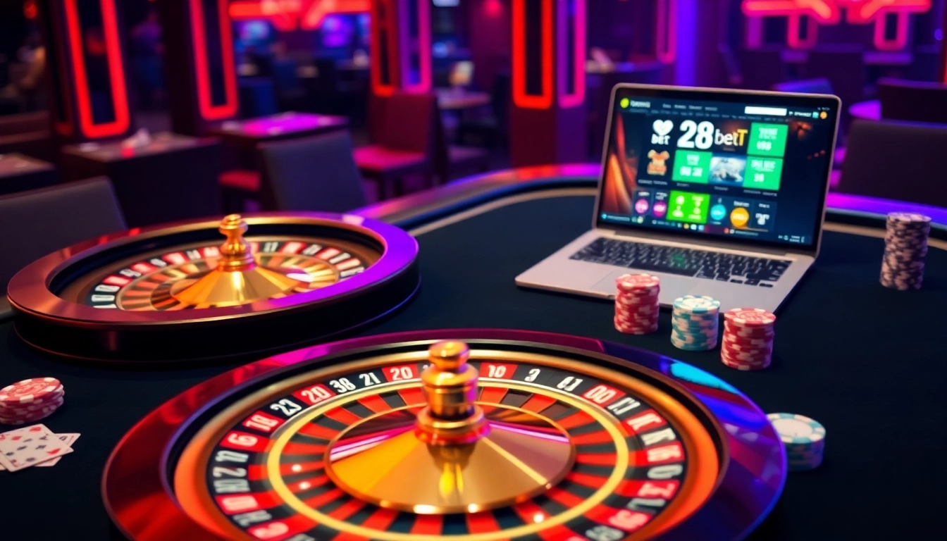 Experience the excitement of 28bet casino with a luxurious roulette and poker setup.