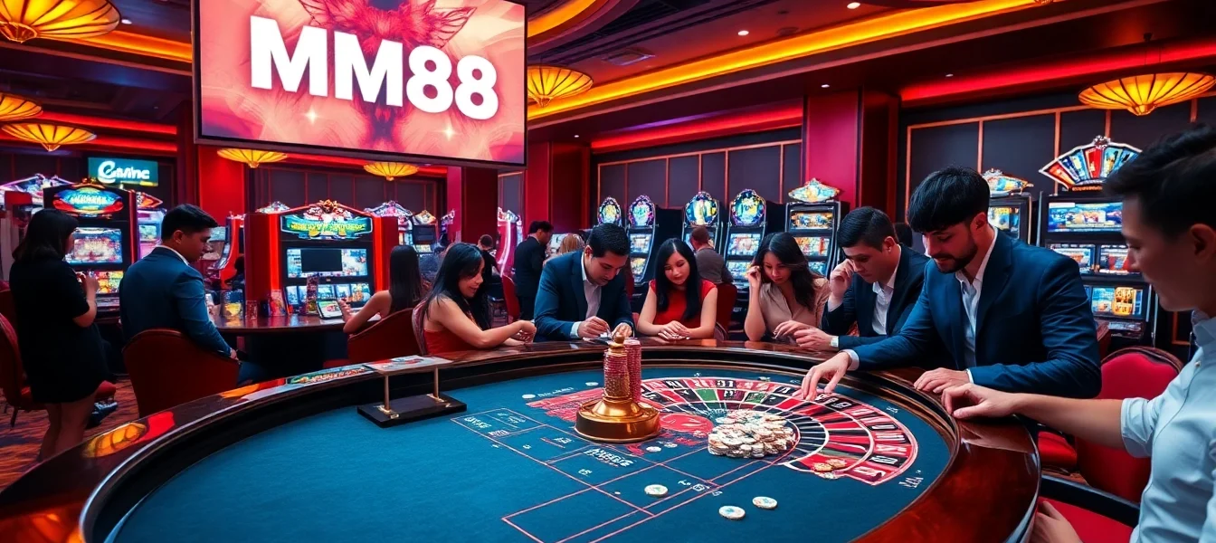 Experience thrilling gameplay at MM88 casino with vibrant roulette tables and lively players.