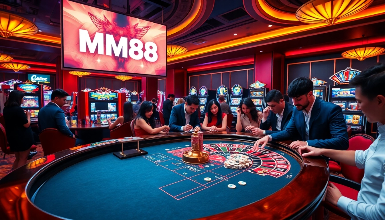 Experience thrilling gameplay at MM88 casino with vibrant roulette tables and lively players.
