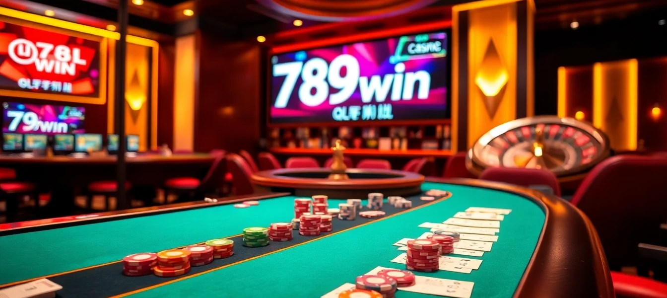 Gamble smartly at 789win with a vibrant poker table and roulette wheel.