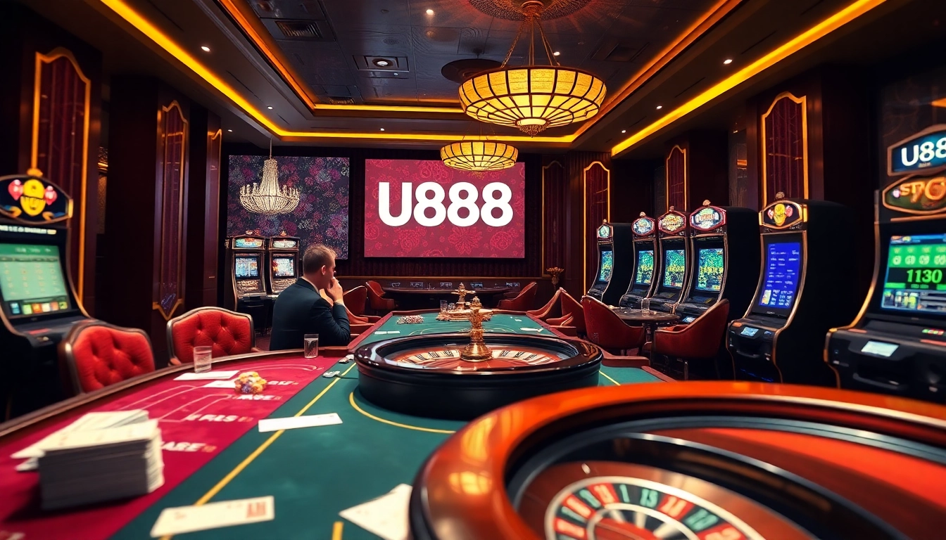 Experience the excitement of U888 with luxurious casino tables and vibrant gaming action.