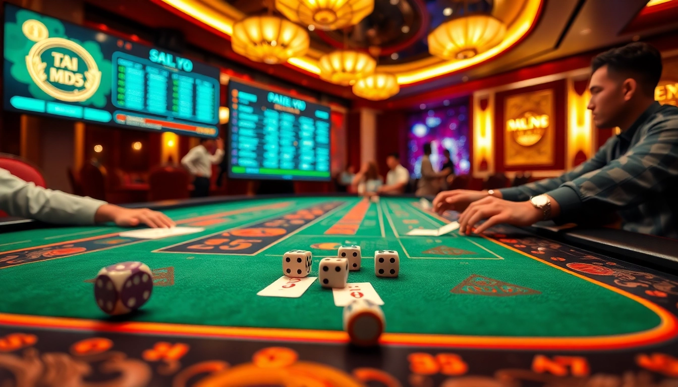 Tài xỉu MD5 table set in an upscale casino environment, showcasing players betting excitement with vibrant dice.