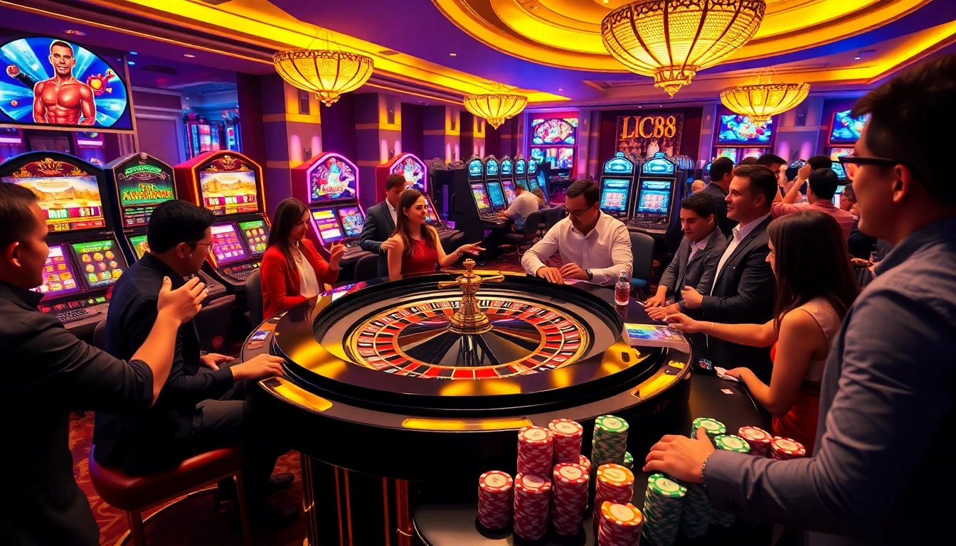 Players engage at the LC88 casino roulette table, emphasizing excitement and community.
