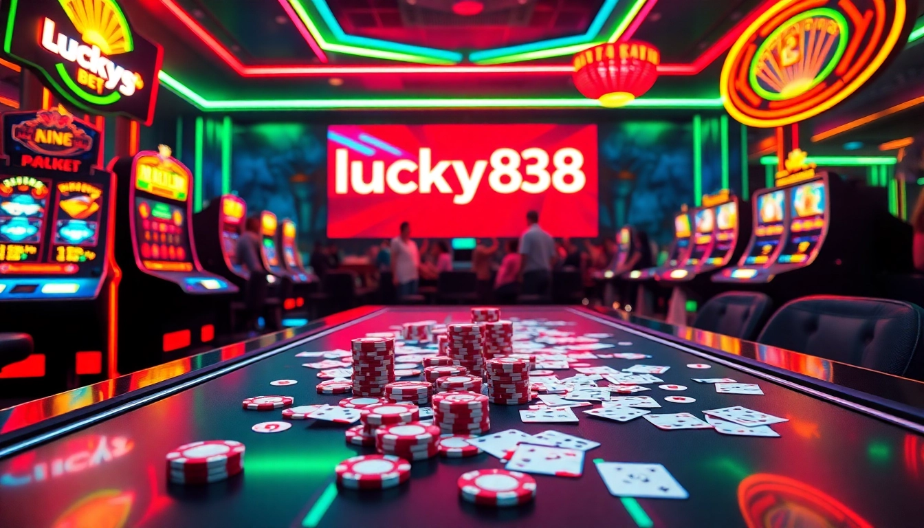 Experience the thrilling lucky88 bet with vibrant casino visuals featuring slot machines and poker chips.