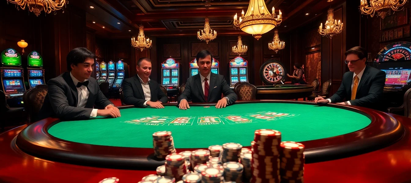 Players strategizing in an upscale casino poker game at https://s801.online/ with vibrant decor and luxury.